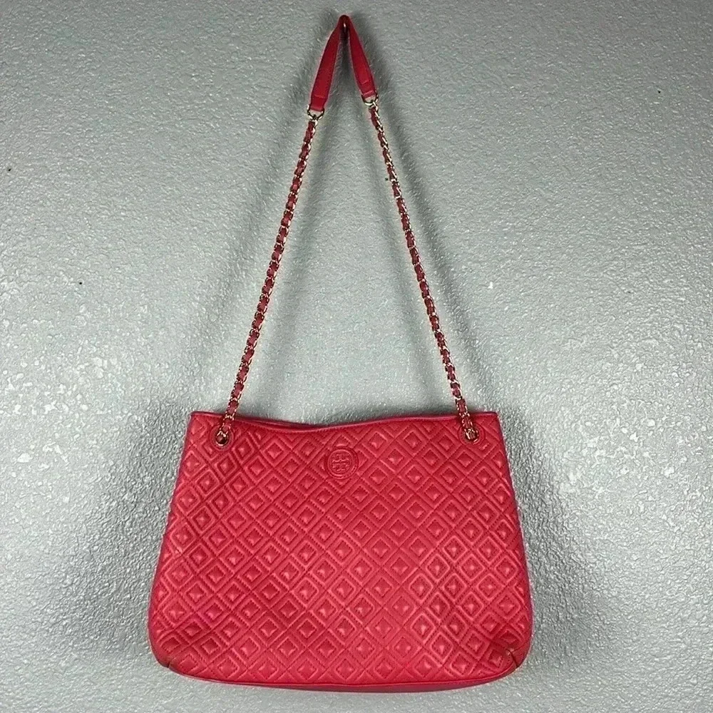 Tory Burch Marion Quilted Chain Slouchy Tote In Peony Bag Purse Chain Coral Pink - Picture 9 of 16